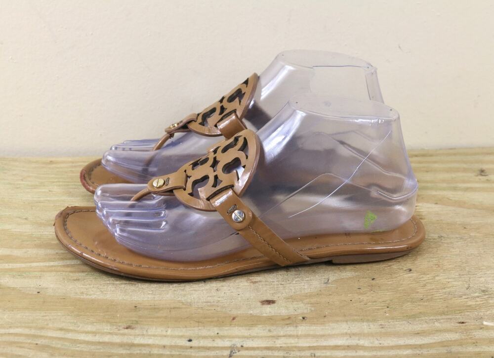 Tory Burch Sandals 8M Brown Patent Leather Miller Logo Thong Shoes Flats